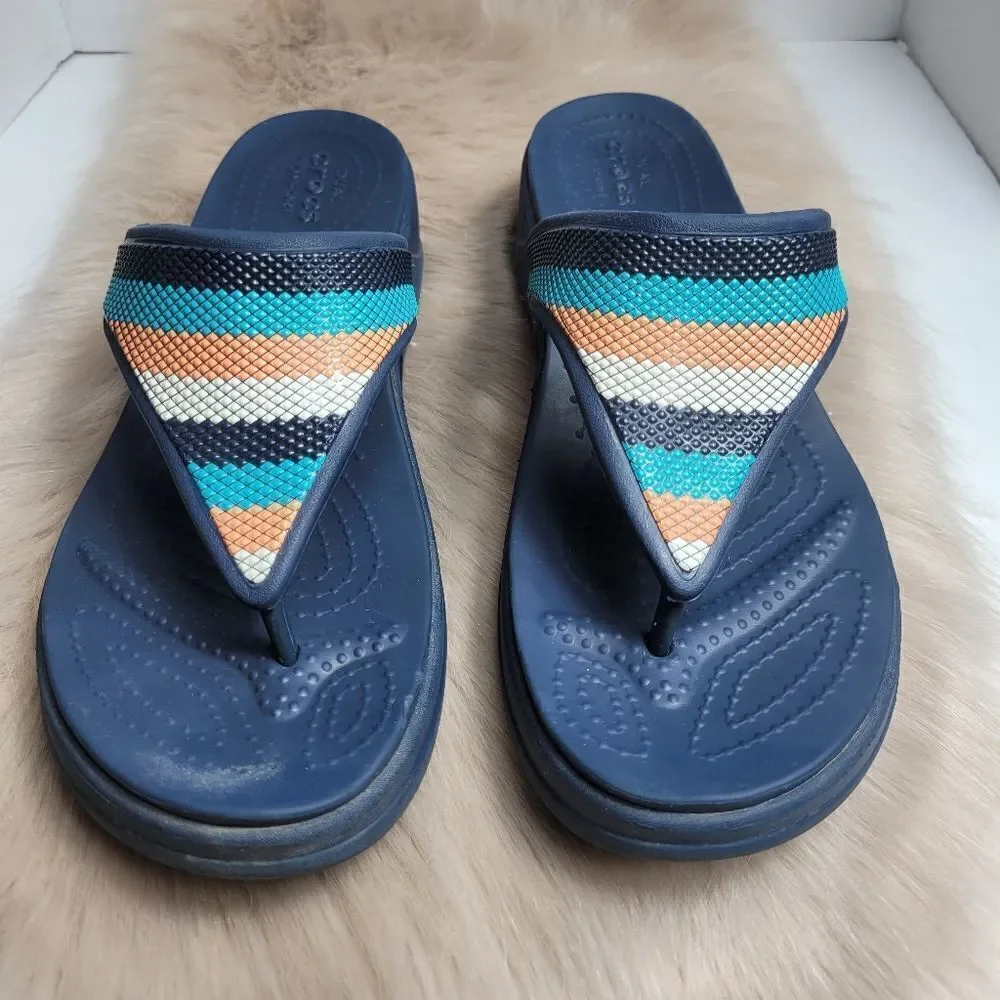 Crocs Monterey Beaded Multicolor Women's Stripe Wedge Flip Flop Sandals
